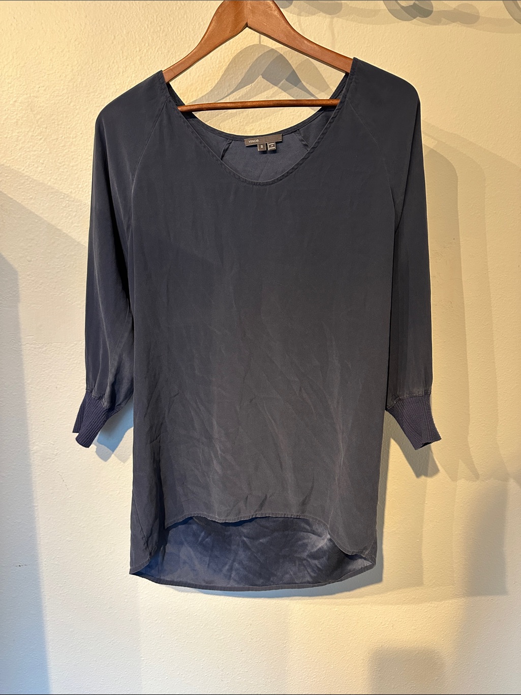95% Silk Blend Soft Blue Wide V-Neck Blouse — image 5 of 8